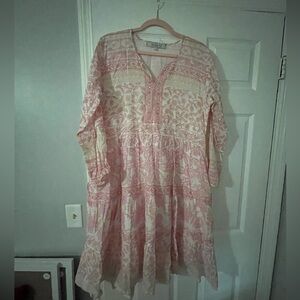 midi dress in all cotton. embroidery and beaded accents.Fits small across bust